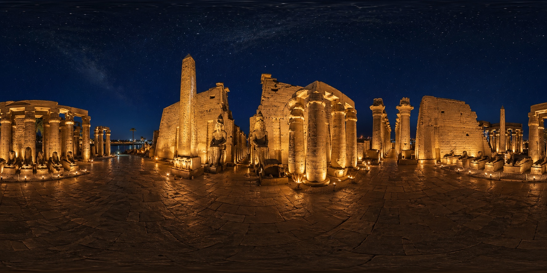 معبد مصري قديم ليلاً — GPT Image 2 Panorama 示例