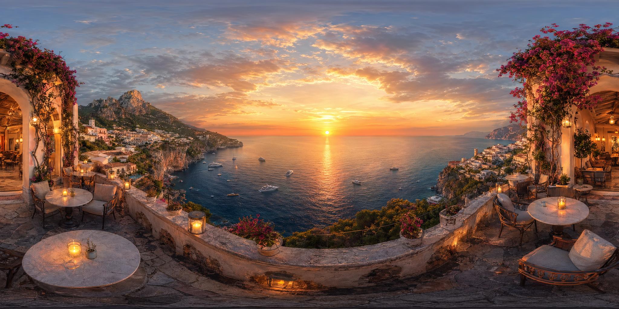 مقهى على حافة منحدر متوسطي — GPT Image 2 Panorama 示例