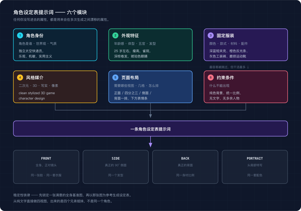 AI 角色设定表提示词:三视图、表情表与角色一致性