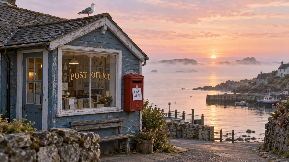 Seaside village post office at dawn with a "back at 9" note on the mailbox, generated with GPT Image 2.5