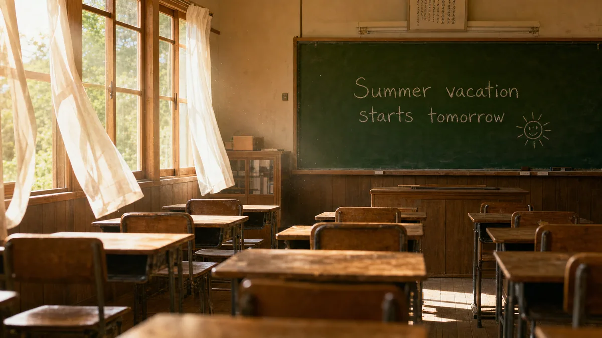 Sunlit empty classroom with "Summer vacation starts tomorrow" chalked on the board, generated with GPT Image 2
