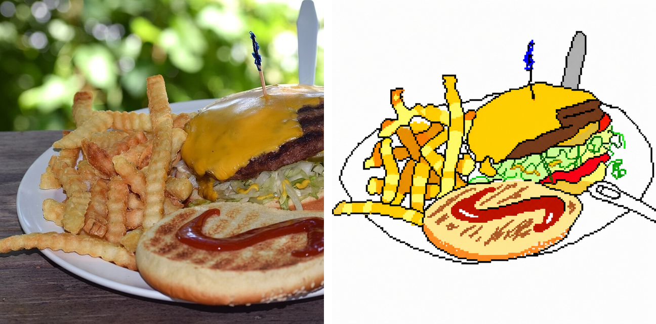 MS Paint redraw before/after — a cheeseburger and fries plate becomes a childlike food doodle