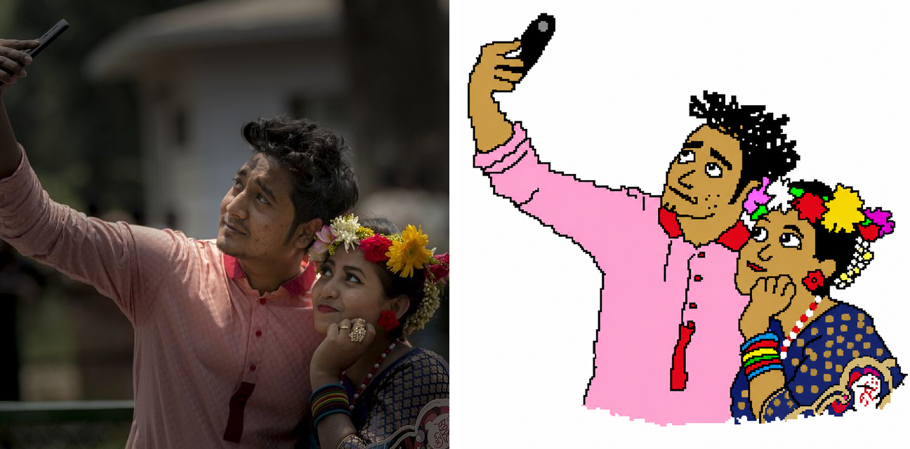 MS Paint redraw before/after — a couple's flower-garland selfie becomes a wobbly two-person cartoon