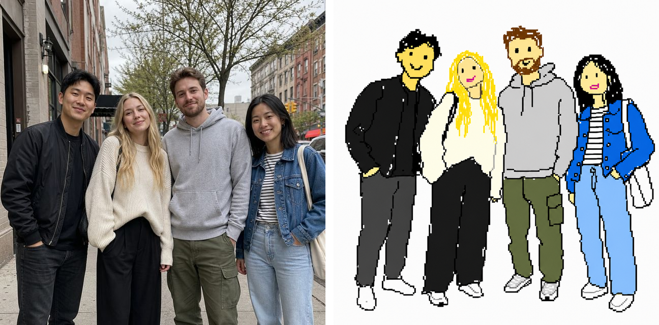 MS Paint redraw before/after — four friends on a street become a row of squiggly cartoon figures