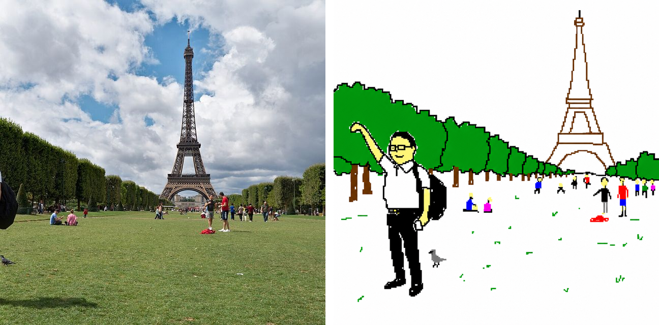 MS Paint redraw before/after — an Eiffel Tower tourist photo becomes a clumsy scribble postcard