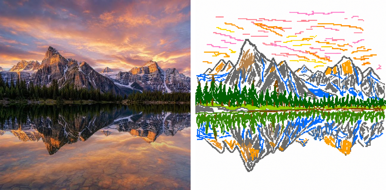 إعادة رسم بأسلوب MS Paint قبل/بعد — بحيرة جبلية عند غروب جبال الألب تتحوّل إلى رسم فن بكسلي مسطّح