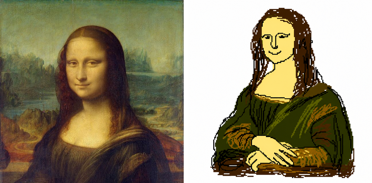 MS Paint redraw before/after — the Mona Lisa becomes a clumsy flat scribble of a woman in a green dress