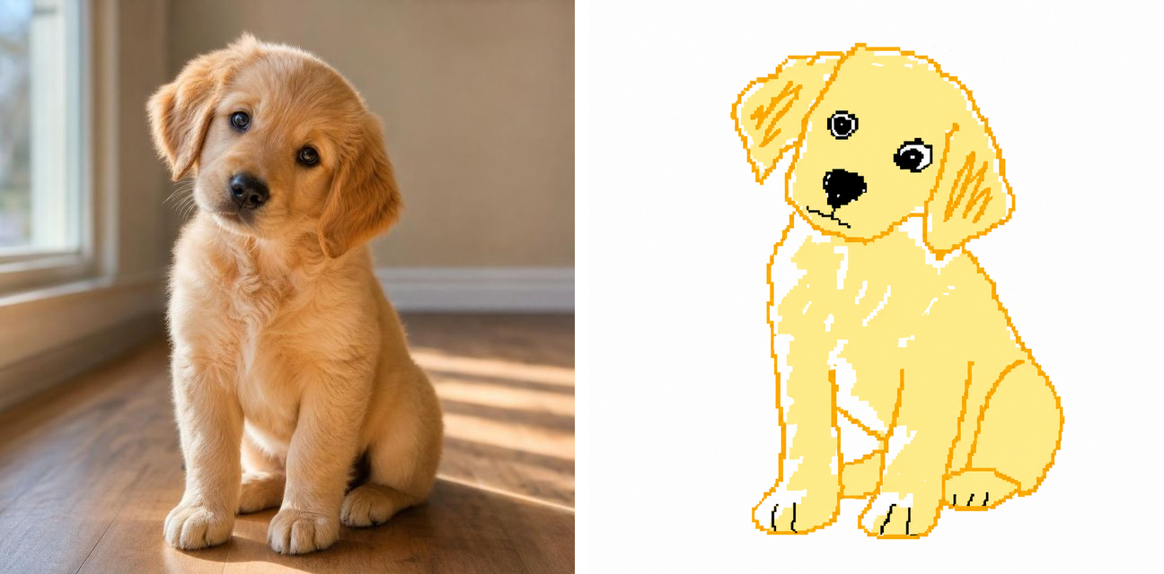 إعادة رسم بأسلوب MS Paint قبل/بعد — صورة جرو غولدن ريتريفر تتحوّل إلى كرتون مخربش أصفر مسطّح