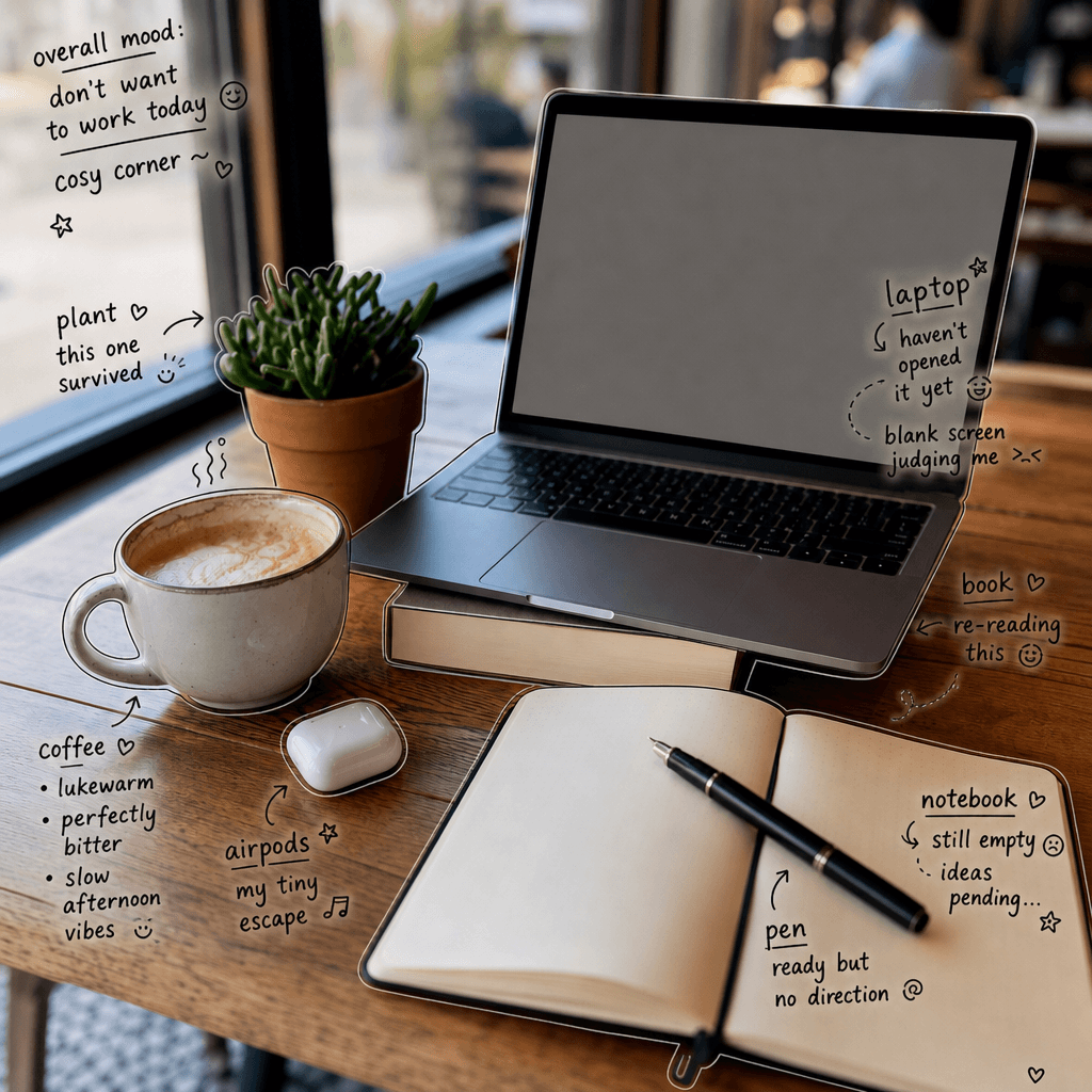 صورة مكتب في مقهى معلّقة بملاحظات إنجليزية مكتوبة بخط اليد