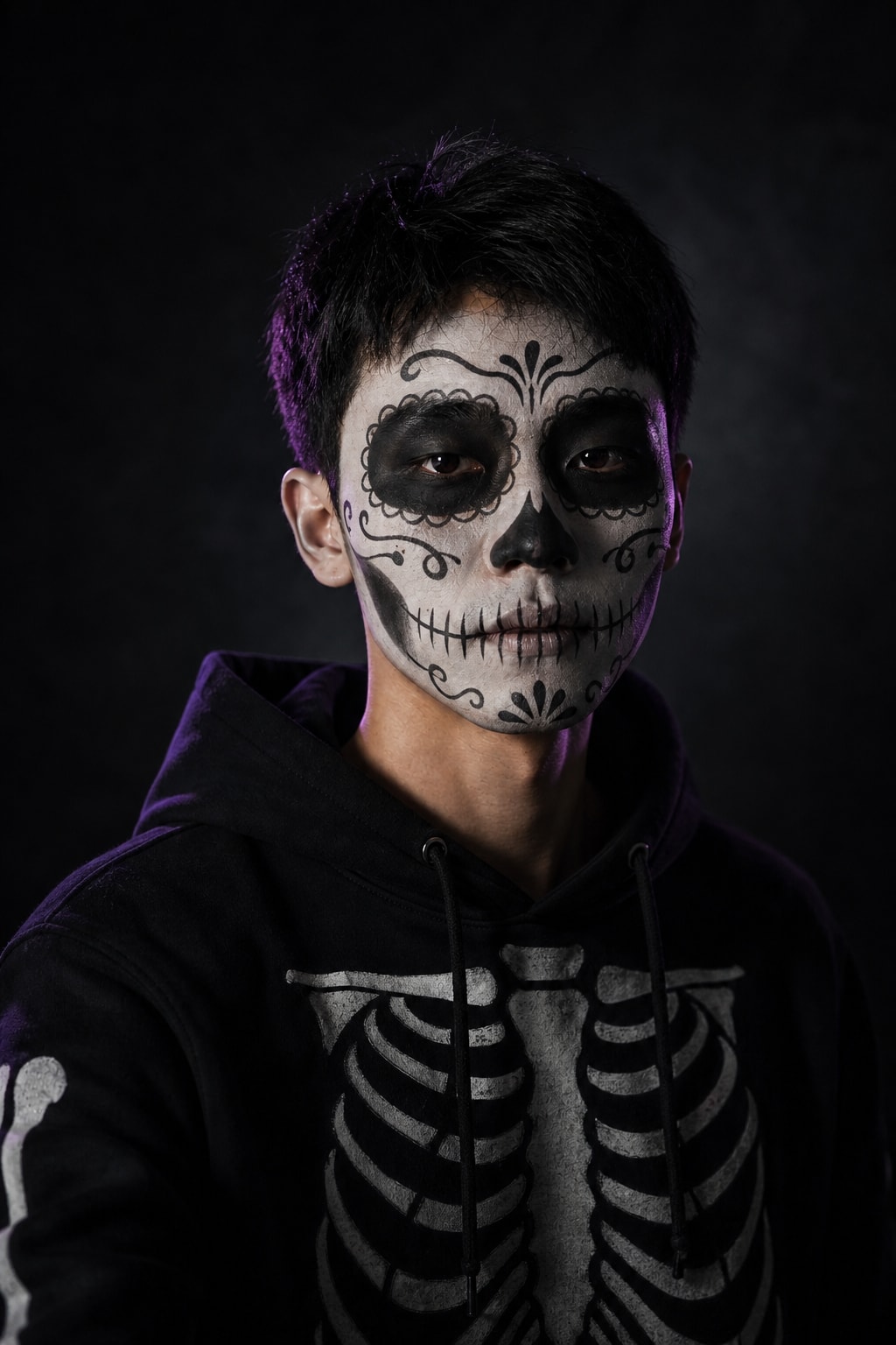 Skeleton face paint — sugar-skull makeup — After