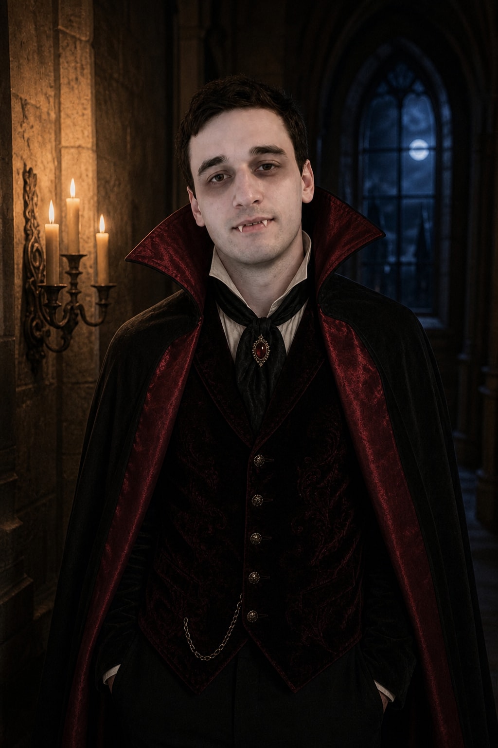 Vampire costume — gothic cape and candlelight — After