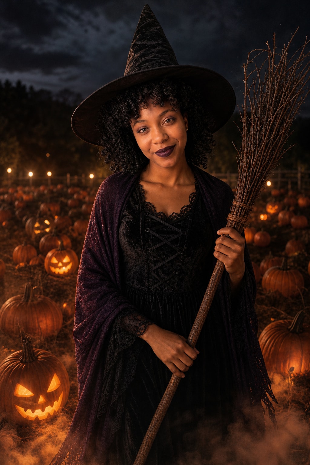 Witch costume — pointed hat in a pumpkin patch — After