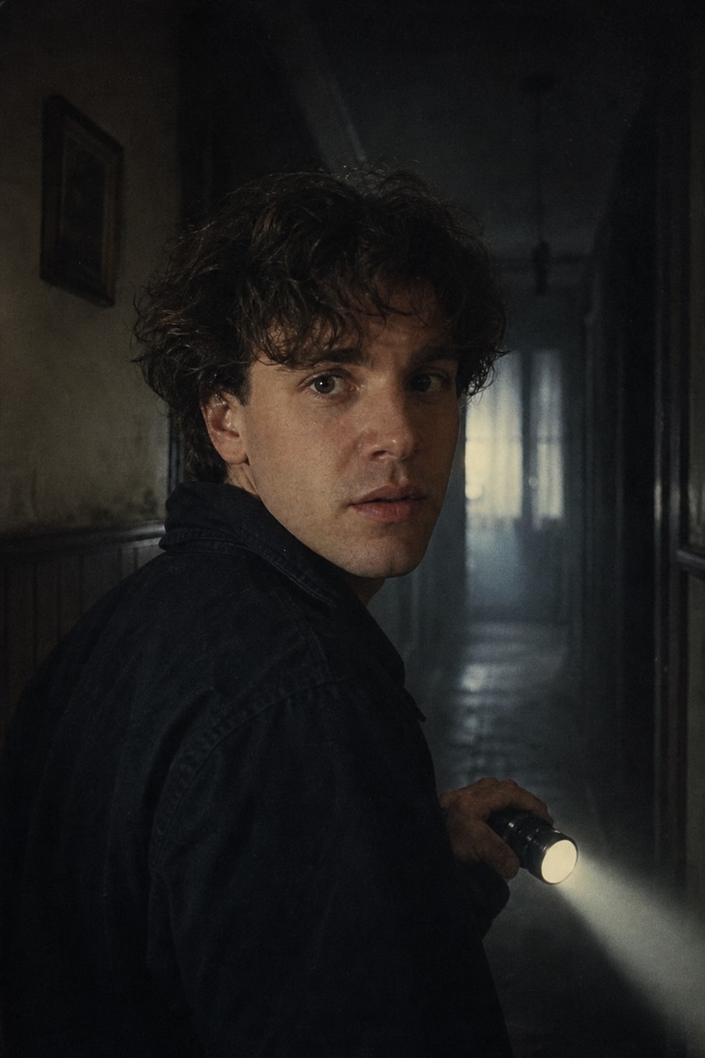 80s horror movie still — flashlight in a dark hallway — After