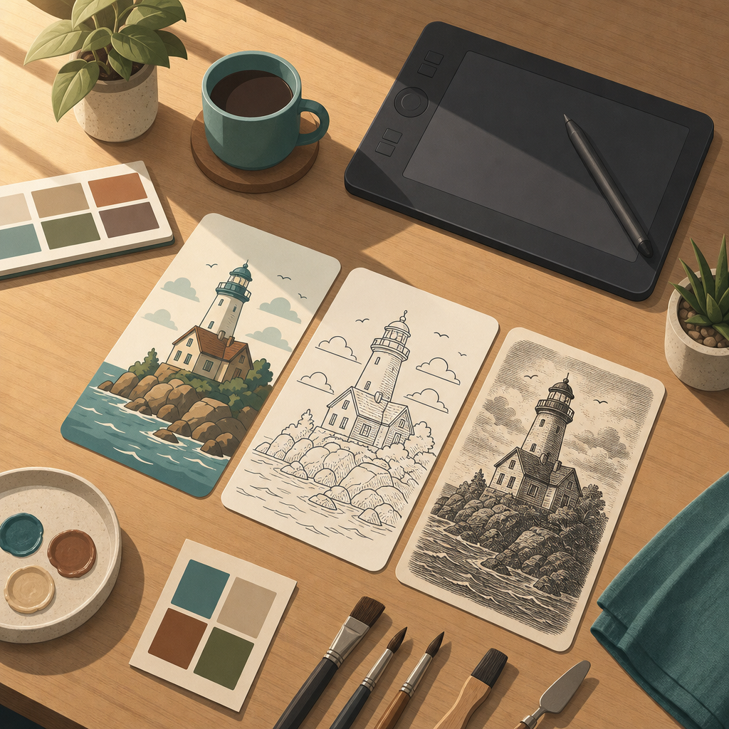 Designer desk comparing cartoon, line art and engraving styles side by side