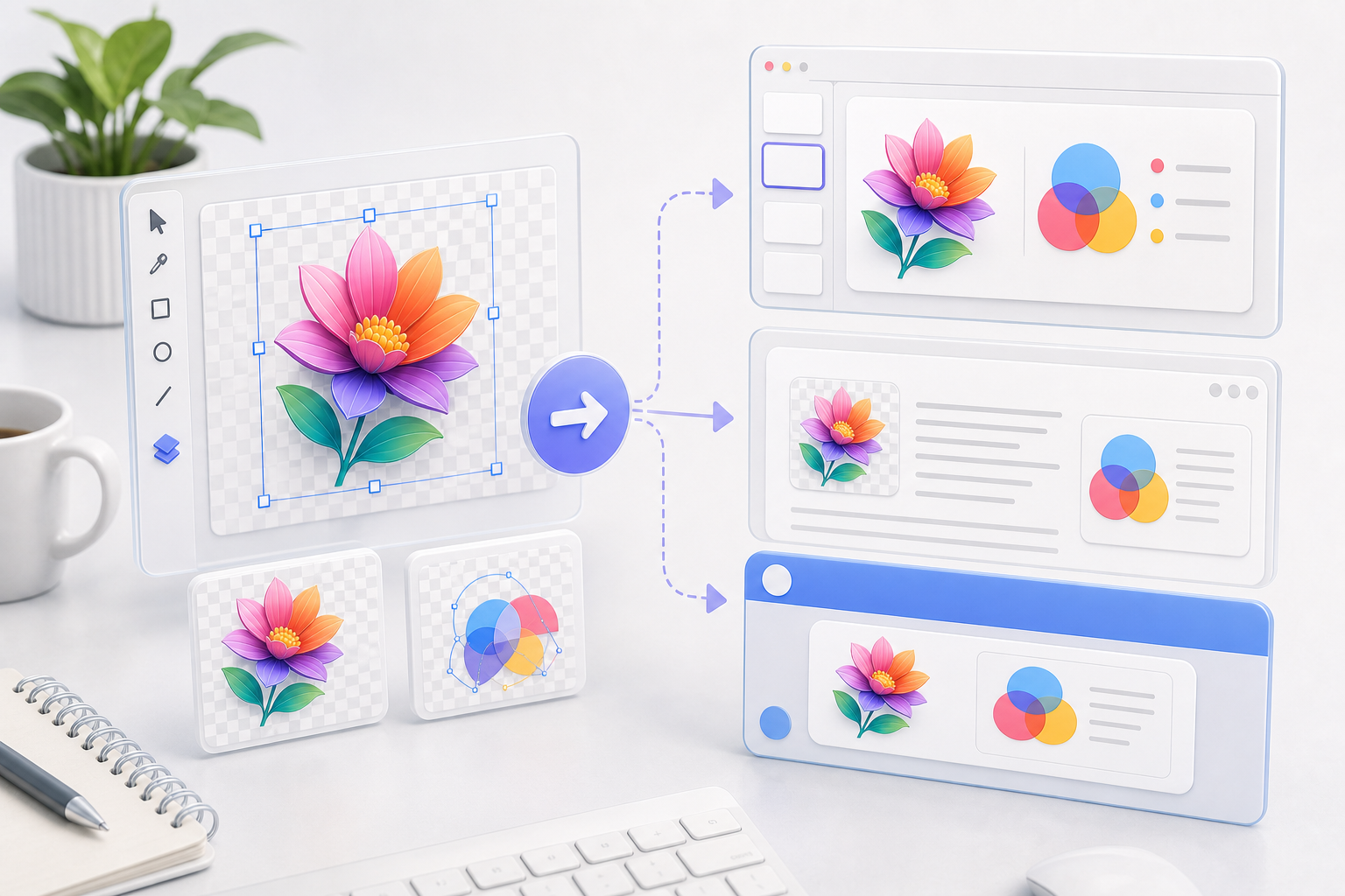 Transparent PNG assets inserted into blank documents, slides, and sharing cards