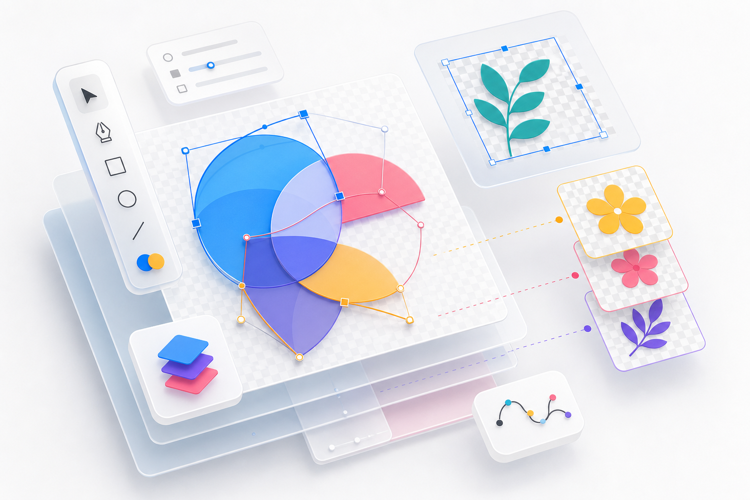 Abstract SVG editor workspace with vector paths and transparent layers
