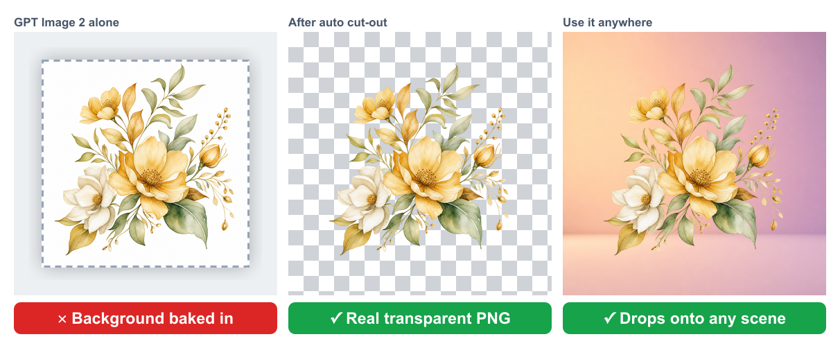ثلاث خطوات لعنصر تصميم نباتي: مخرجات GPT Image 2 الأولية، العمل نفسه مقتطعًا على رقعة شطرنج للشفافية، ثم مُركّبًا على مشهد