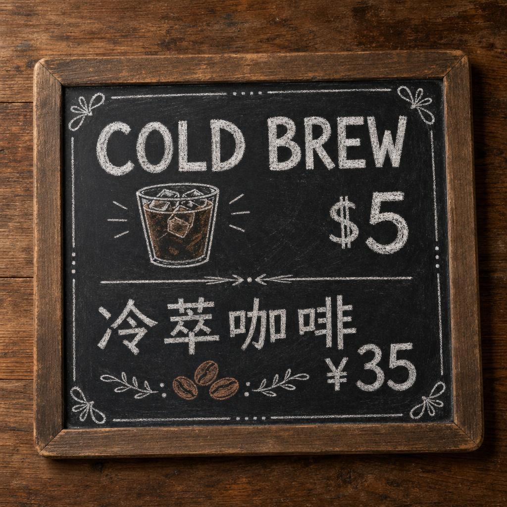 GPT Image 2 output for: A bilingual coffee shop menu board: "COLD BREW $5" / "冷萃咖啡 ¥