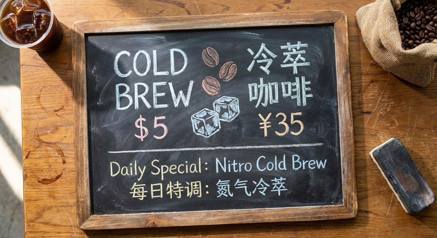 Nano Banana Pro output for: A bilingual coffee shop menu board: "COLD BREW $5" / "冷萃咖啡 ¥