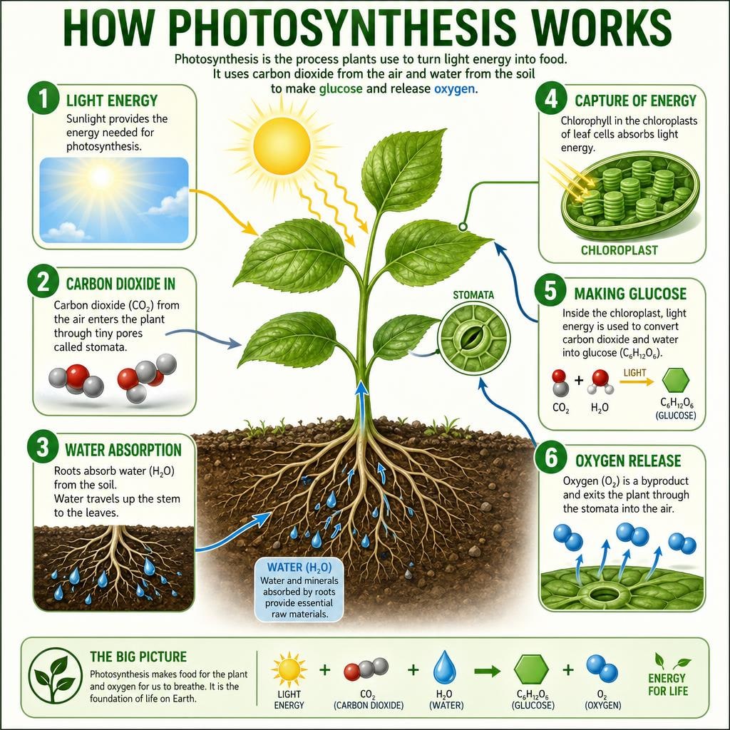 GPT Image 2 output for: A complex infographic on "How Photosynthesis Works" with 6 l