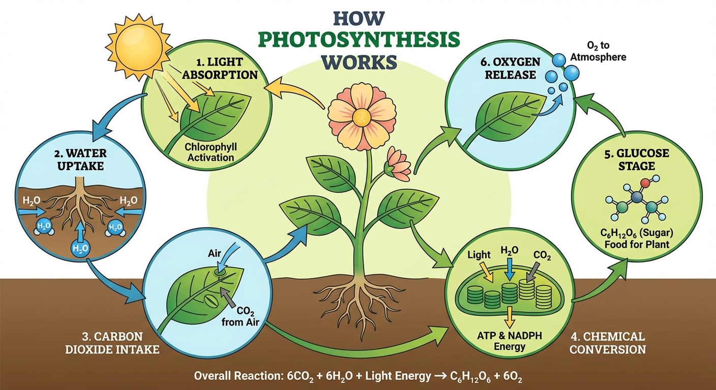 Nano Banana Pro output for: A complex infographic on "How Photosynthesis Works" with 6 l